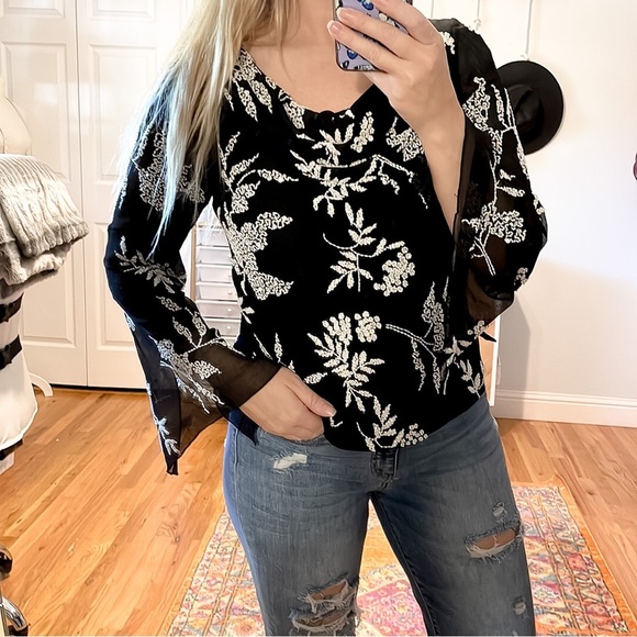 J Laxmi Tops - J LAXMI | Vintage 80’s Beaded Draped Sequin Sheer Black Blouse Top